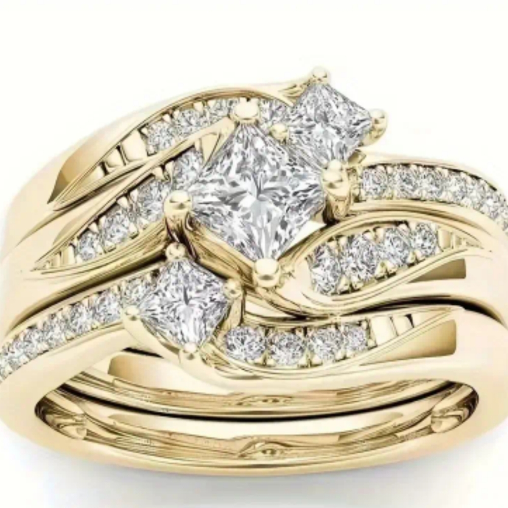 Gold Diamond Engagement Ring Wedding Band Wedding Ring Gold Plated CZ